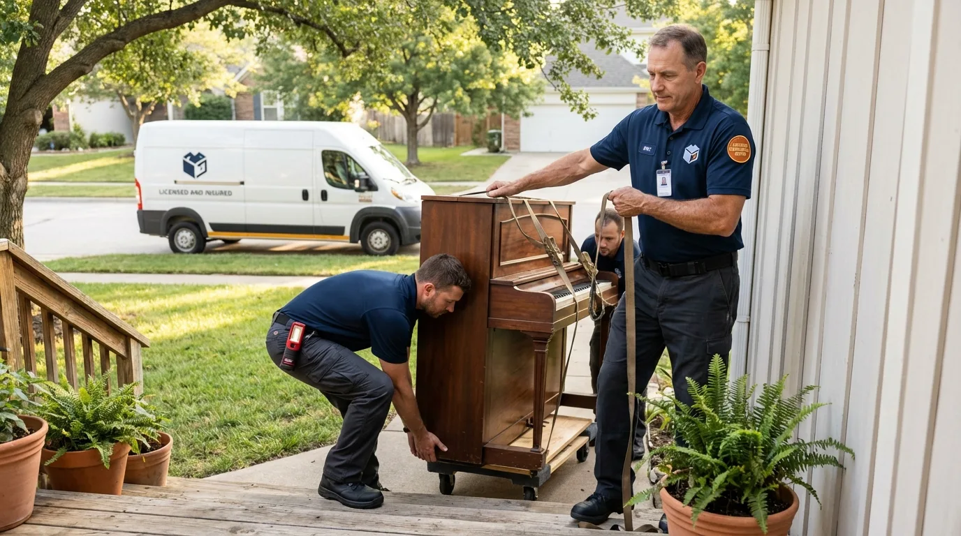 Licensed piano movers securing grand piano in Malad City, ID