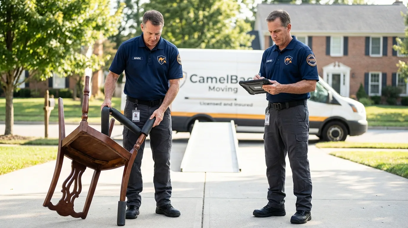 Movers inspecting furniture for damage prevention before loading in Malad City, ID
