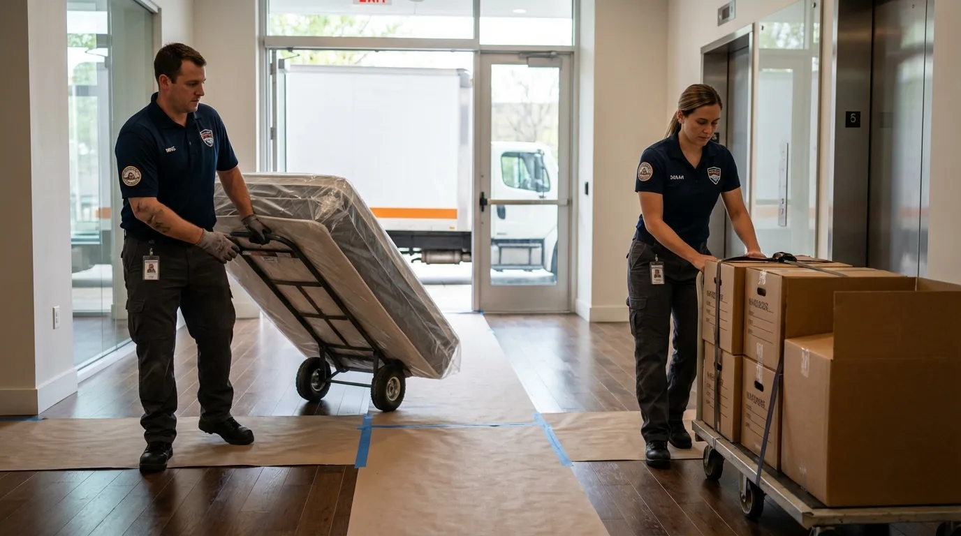 Professional apartment movers loading elevator in Malad City, ID