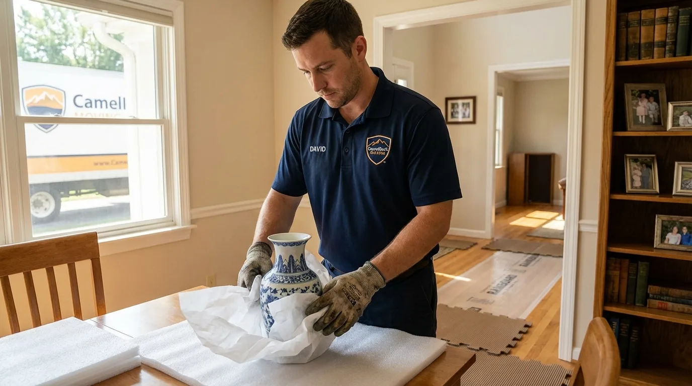 Professional crew carefully wrapping antique vase for senior downsizing move in Malad City, ID